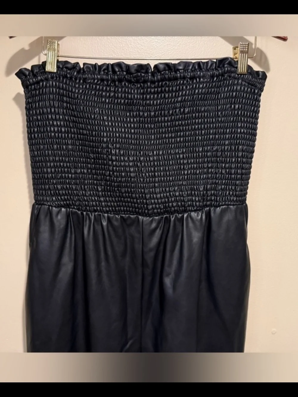 Anthropologie Black Strapless Smocked Faux-Leather Jumpsuit - Picture 3 of 5